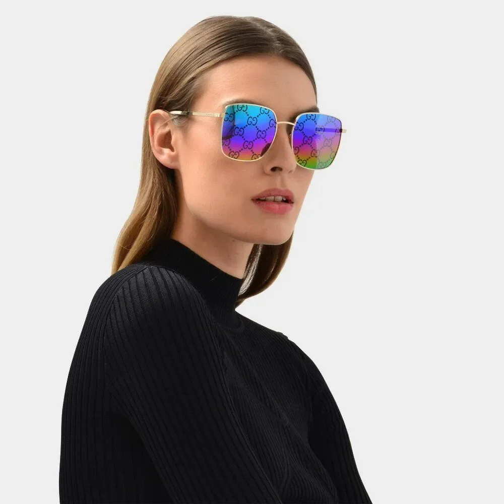 Gucci Men Sunglasses Gold Multicolor GG Pattern Mirror Square GG0802S 004